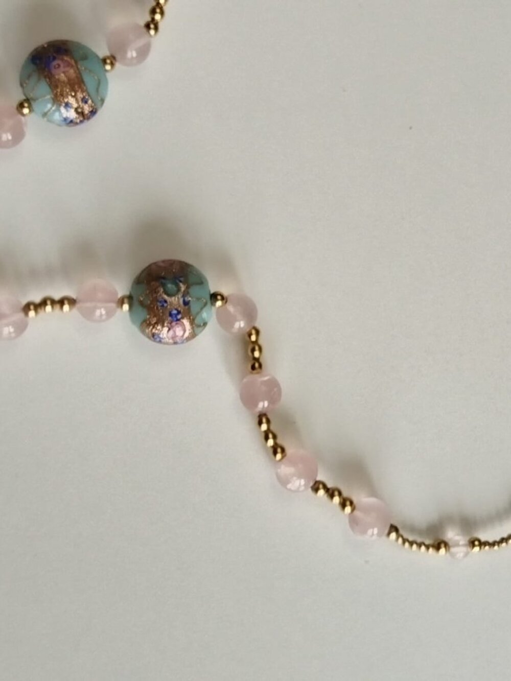 Vintage Murano Venetian Aqua Glass Gold Foil Bead Necklace Rose Quartz Beads - Picture 12 of 15
